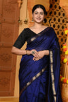 Gaurangi ~ Garbhreshmi Handloom Cotton Silk Saree with Sleek Golden Border in Exclusive Deep Blue - verymuchindian.com