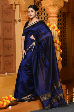 Gaurangi ~ Garbhreshmi Handloom Cotton Silk Saree with Sleek Golden Border in Exclusive Deep Blue - verymuchindian.com