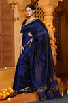 Gaurangi ~ Garbhreshmi Handloom Cotton Silk Saree with Sleek Golden Border in Exclusive Deep Blue - verymuchindian.com