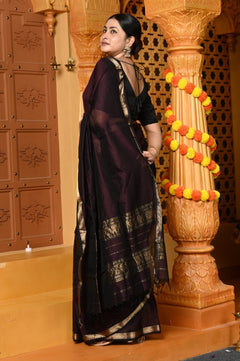 Gaurangi ~ Garbhresmi Handloom Cotton Silk Saree with Golden Border in Exclusive Brown - verymuchindian.com