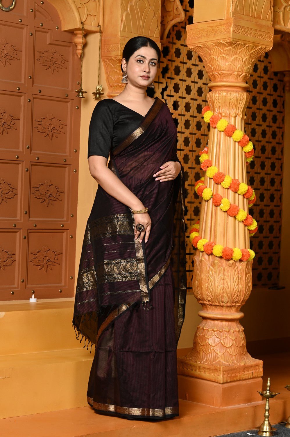 Gaurangi ~ Garbhresmi Handloom Cotton Silk Saree with Golden Border in Exclusive Brown - verymuchindian.com