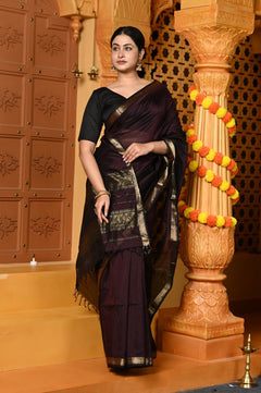 Gaurangi ~ Garbhresmi Handloom Cotton Silk Saree with Golden Border in Exclusive Brown - verymuchindian.com