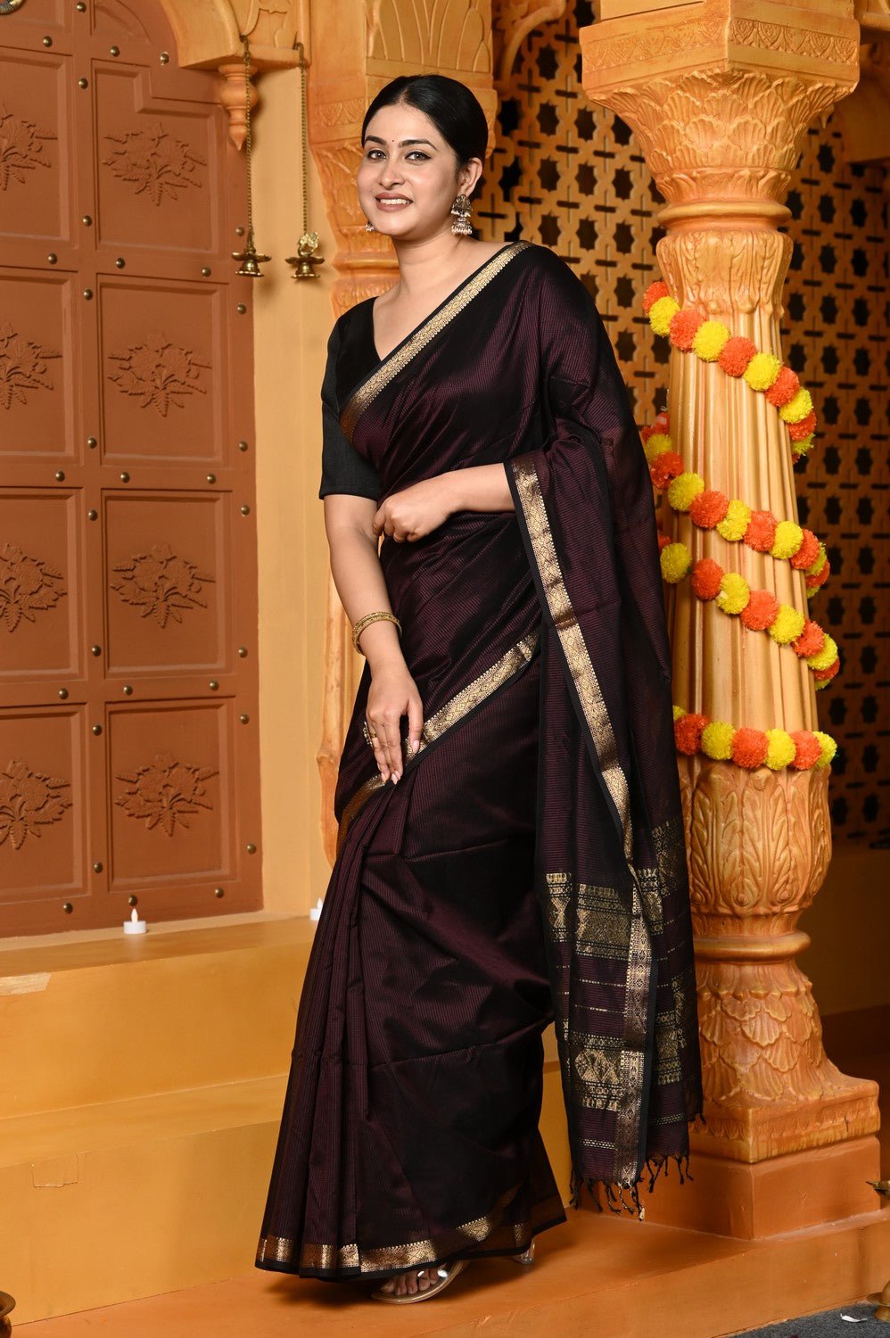 Gaurangi ~ Garbhresmi Handloom Cotton Silk Saree with Golden Border in Exclusive Brown - verymuchindian.com