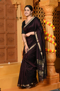 Gaurangi ~ Garbhresmi Handloom Cotton Silk Saree with Golden Border in Exclusive Brown - verymuchindian.com