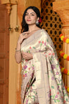 Gaurangi - Garden of Heritage – Handloom All Over Pure Silk Paithani Saree with Floral Handwork in Slake White (Shipping IN 70 Days) - verymuchindian.com