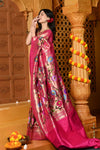 Gaurangi - Garden of Heritage – Handloom All Over Pure Silk Paithani Saree with Floral Handwork in Zari Pink (Shipping IN 90 Days) - verymuchindian.com