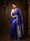 Gaurangi~ Handloom Cotton Silk Saree in Royal Indigo Blue with Elegant Silver Zari Border & Pallu - verymuchindian.com