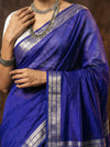 Gaurangi~ Handloom Cotton Silk Saree in Royal Indigo Blue with Elegant Silver Zari Border & Pallu - verymuchindian.com
