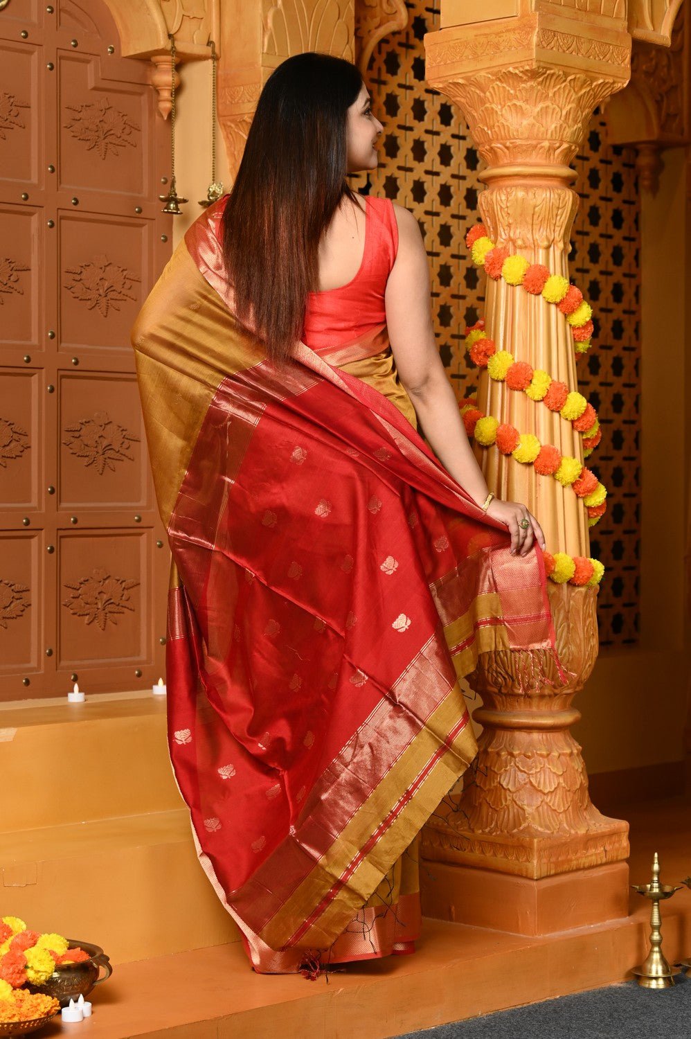 Gaurangi ~ Handloom Cotton Silk Saree with Gold Border in Exclusive Olive Yellow - verymuchindian.com