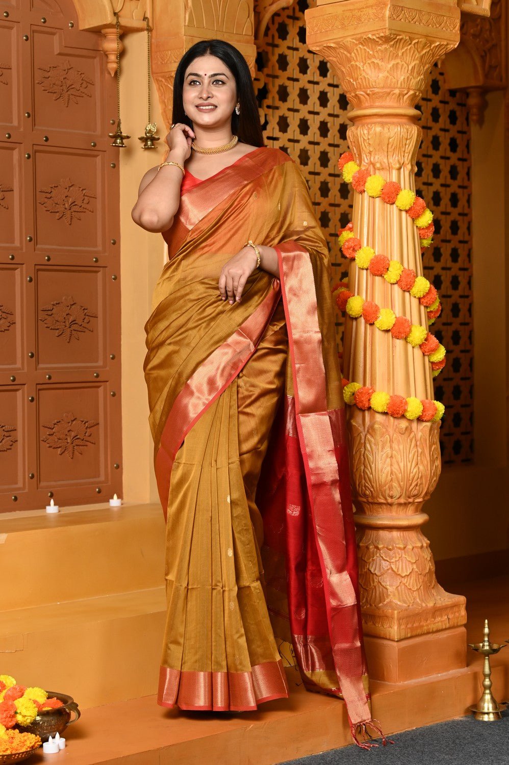 Gaurangi ~ Handloom Cotton Silk Saree with Gold Border in Exclusive Olive Yellow - verymuchindian.com