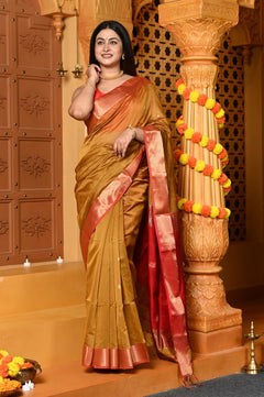 Gaurangi ~ Handloom Cotton Silk Saree with Gold Border in Exclusive Olive Yellow - verymuchindian.com