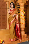 Gaurangi ~ Handloom Cotton Silk Saree with Gold Border in Exclusive Olive Yellow - verymuchindian.com