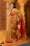Gaurangi ~ Handloom Cotton Silk Saree with Gold Border in Exclusive Olive Yellow - verymuchindian.com