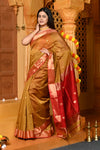 Gaurangi ~ Handloom Cotton Silk Saree with Gold Border in Exclusive Olive Yellow - verymuchindian.com