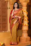 Gaurangi ~ Handloom Cotton Silk Saree with Gold Border in Exclusive Olive Yellow - verymuchindian.com