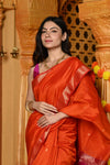 Gaurangi ~ Handloom Cotton Silk Saree with Gold Border in Exclusive Orange with Pink Pallu - verymuchindian.com