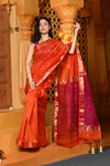 Gaurangi ~ Handloom Cotton Silk Saree with Gold Border in Exclusive Orange with Pink Pallu - verymuchindian.com