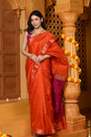 Gaurangi ~ Handloom Cotton Silk Saree with Gold Border in Exclusive Orange with Pink Pallu - verymuchindian.com