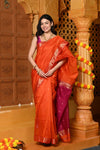 Gaurangi ~ Handloom Cotton Silk Saree with Gold Border in Exclusive Orange with Pink Pallu - verymuchindian.com