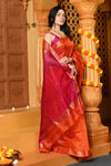 Gaurangi ~ Handloom Cotton Silk Saree with Gold Border in Exclusive Orange with Pink Pallu - verymuchindian.com