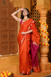 Gaurangi ~ Handloom Cotton Silk Saree with Gold Border in Exclusive Orange with Pink Pallu - verymuchindian.com