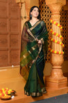 Gaurangi ~ Handloom Cotton Silk Saree with Gold Border in Exclusive Royal Green with Rainbow Shein - verymuchindian.com