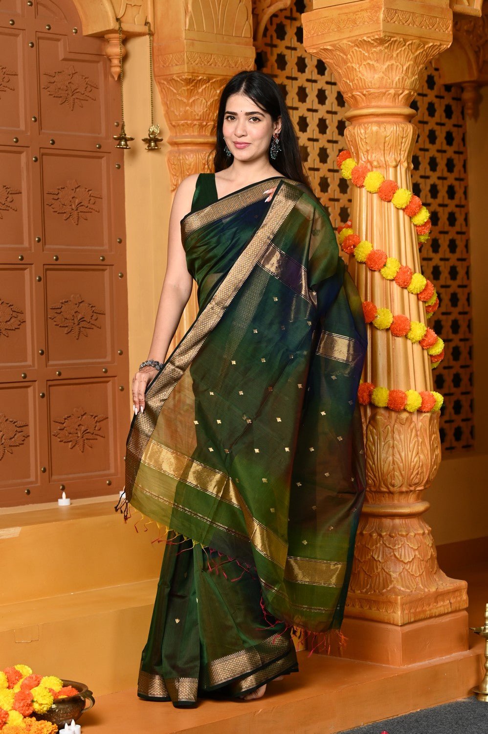 Gaurangi ~ Handloom Cotton Silk Saree with Gold Border in Exclusive Royal Green with Rainbow Shein - verymuchindian.com