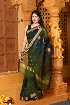 Gaurangi ~ Handloom Cotton Silk Saree with Gold Border in Exclusive Royal Green with Rainbow Shein - verymuchindian.com