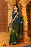 Gaurangi ~ Handloom Cotton Silk Saree with Gold Border in Exclusive Royal Green with Rainbow Shein - verymuchindian.com