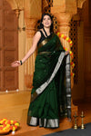 Gaurangi ~ Handloom Cotton Silk Saree with Gold Silver Border in Exclusive Green with Vine Pallu - verymuchindian.com