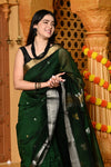 Gaurangi ~ Handloom Cotton Silk Saree with Gold Silver Border in Exclusive Green with Vine Pallu - verymuchindian.com