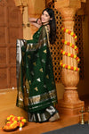 Gaurangi ~ Handloom Cotton Silk Saree with Gold Silver Border in Exclusive Green with Vine Pallu - verymuchindian.com
