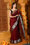 Gaurangi ~ Handloom Cotton Silk Saree with Gold Silver Border in Exclusive Maroon with Vine Pallu - verymuchindian.com