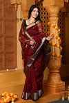 Gaurangi ~ Handloom Cotton Silk Saree with Gold Silver Border in Exclusive Maroon with Vine Pallu - verymuchindian.com