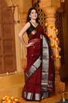 Gaurangi ~ Handloom Cotton Silk Saree with Gold Silver Border in Exclusive Maroon with Vine Pallu - verymuchindian.com