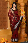 Gaurangi ~ Handloom Cotton Silk Saree with Gold Silver Border in Exclusive Maroon with Vine Pallu - verymuchindian.com