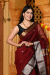 Gaurangi ~ Handloom Cotton Silk Saree with Gold Silver Border in Exclusive Maroon with Vine Pallu - verymuchindian.com