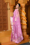 Gaurangi ~ Handloom Cotton Silk Saree with Golden and Silver Border in Exclusive Lavender - verymuchindian.com