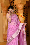 Gaurangi ~ Handloom Cotton Silk Saree with Golden and Silver Border in Exclusive Lavender - verymuchindian.com