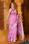 Gaurangi ~ Handloom Cotton Silk Saree with Golden and Silver Border in Exclusive Lavender - verymuchindian.com
