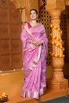 Gaurangi ~ Handloom Cotton Silk Saree with Golden and Silver Border in Exclusive Lavender - verymuchindian.com