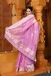 Gaurangi ~ Handloom Cotton Silk Saree with Golden and Silver Border in Exclusive Lavender - verymuchindian.com