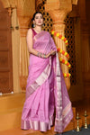 Gaurangi ~ Handloom Cotton Silk Saree with Golden and Silver Border in Exclusive Lavender - verymuchindian.com
