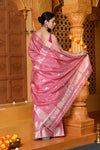 Gaurangi ~ Handloom Cotton Silk Saree with Golden Border in Exclusive Baby Pink with Floral Pallu - verymuchindian.com