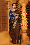 Gaurangi ~ Handloom Cotton Silk Saree with Golden Border in Exclusive Dual Tone Brown with Blue Pallu - verymuchindian.com