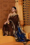 Gaurangi ~ Handloom Cotton Silk Saree with Golden Border in Exclusive Dual Tone Brown with Blue Pallu - verymuchindian.com