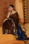 Gaurangi ~ Handloom Cotton Silk Saree with Golden Border in Exclusive Dual Tone Brown with Blue Pallu - verymuchindian.com