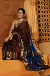 Gaurangi ~ Handloom Cotton Silk Saree with Golden Border in Exclusive Dual Tone Brown with Blue Pallu - verymuchindian.com
