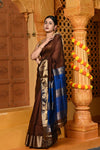 Gaurangi ~ Handloom Cotton Silk Saree with Golden Border in Exclusive Dual Tone Brown with Blue Pallu - verymuchindian.com