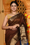 Gaurangi ~ Handloom Cotton Silk Saree with Golden Border in Exclusive Dual Tone Brown with Blue Pallu - verymuchindian.com